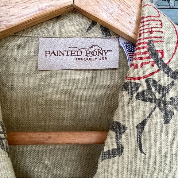 Vintage 90s L Painted Pony Green Linen Untructured Blazer L Relaxed Button Up - Picture 3 of 10